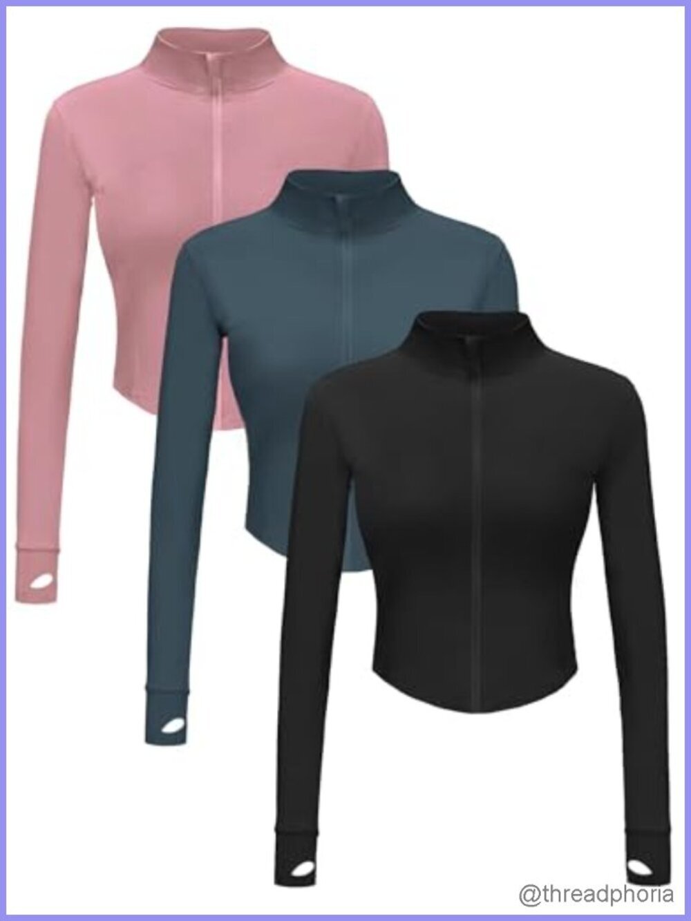 3 Pack Cropped Full Zip Workout Jacket with Thumb Holes Slim Fit Athletic